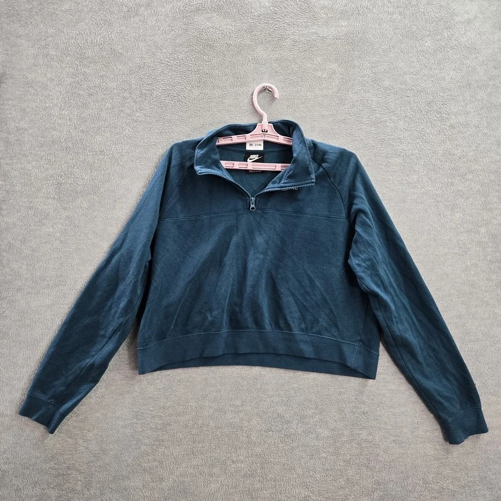 Nike Women Sweatshirt L Teal‎ Crop Swoosh Embroidery 14 Zip Pullover Activewear